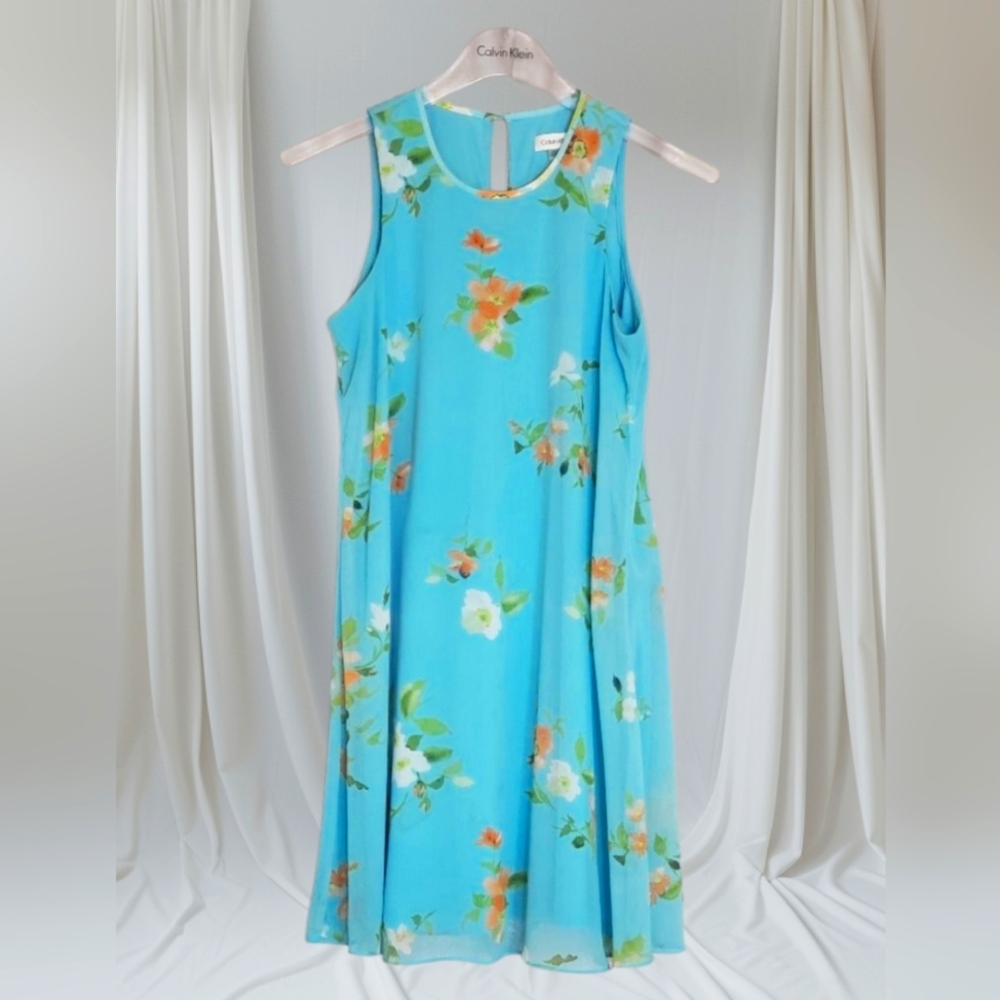 Calvin Klein Blue Floral Sleeveless Sundress with Crew Neck,Women's Dress Size:8